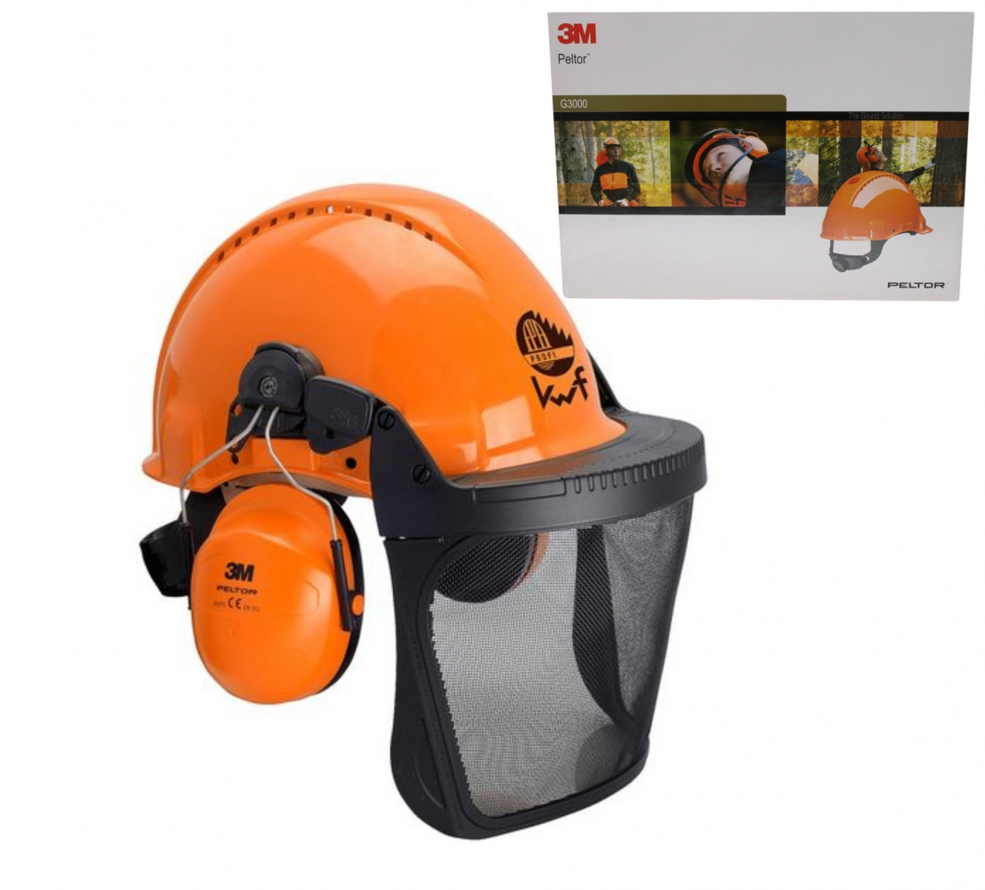 Mũ bảo hiểm an toàn lâm nghiệp 3M G3000 3MO315B có chụp tai và kính che mặt màu cam
