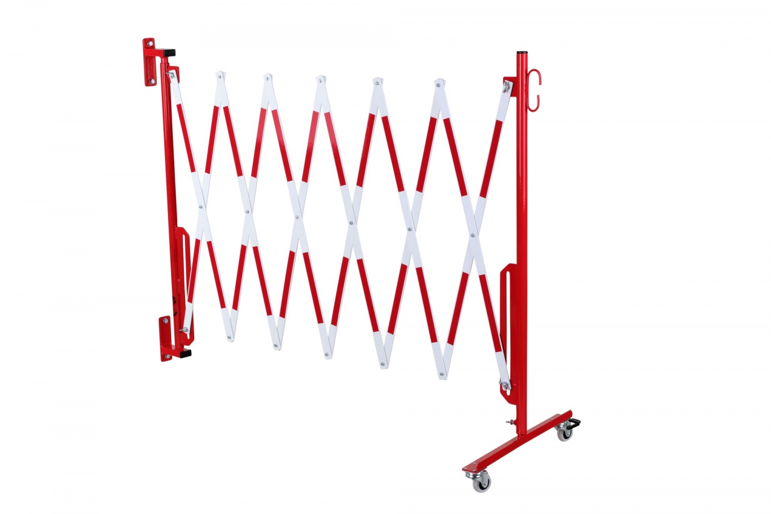 Rào chắn kéo giãn di động gắn tường CRASH STOP 70-10W, có bánh xe, màu đỏ-trắng, 3,6 m