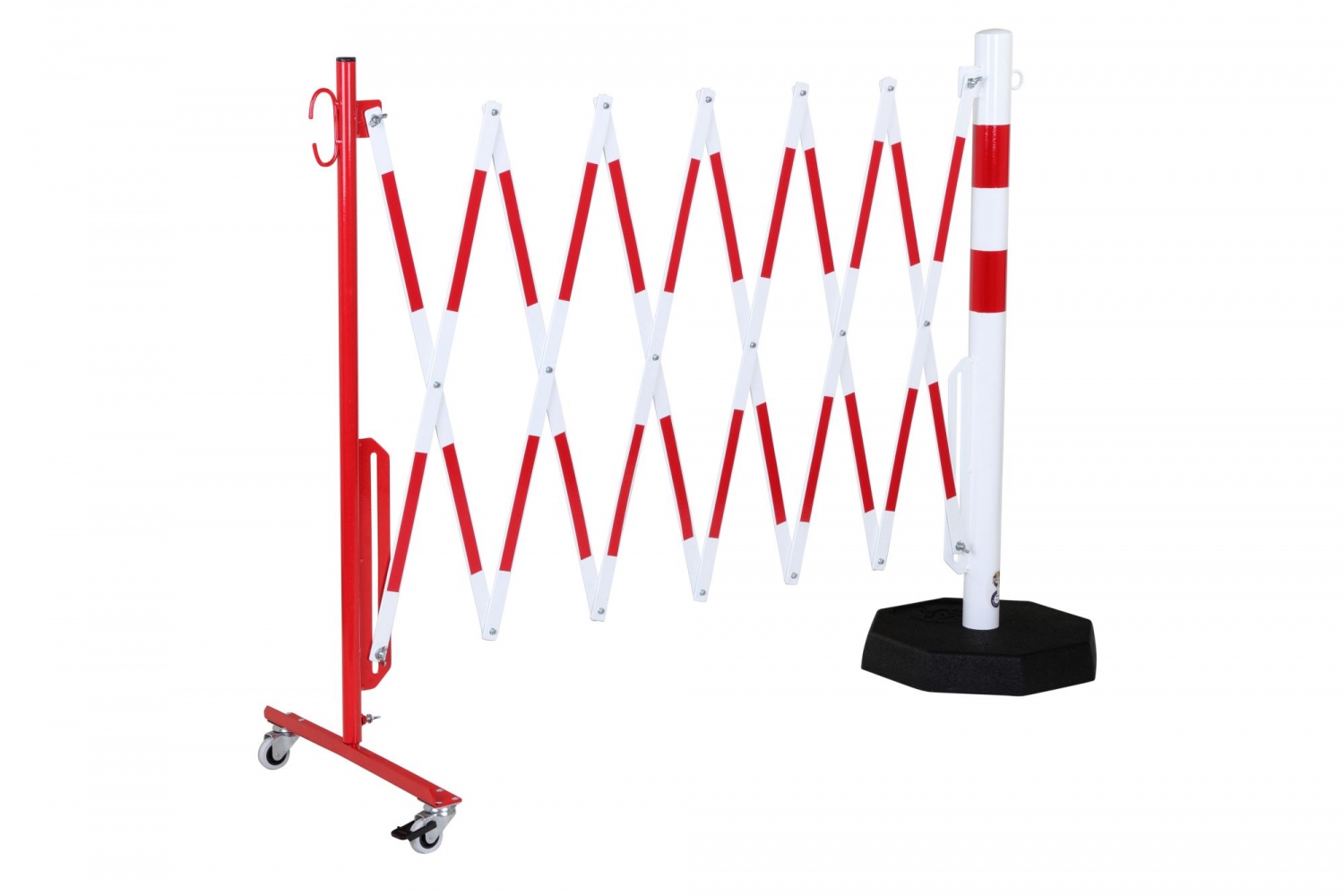 Rào chắn di động dạng xếp CRASH STOP 70-75, có bánh xe và đế gắn, màu đỏ-trắng, 3.6 m