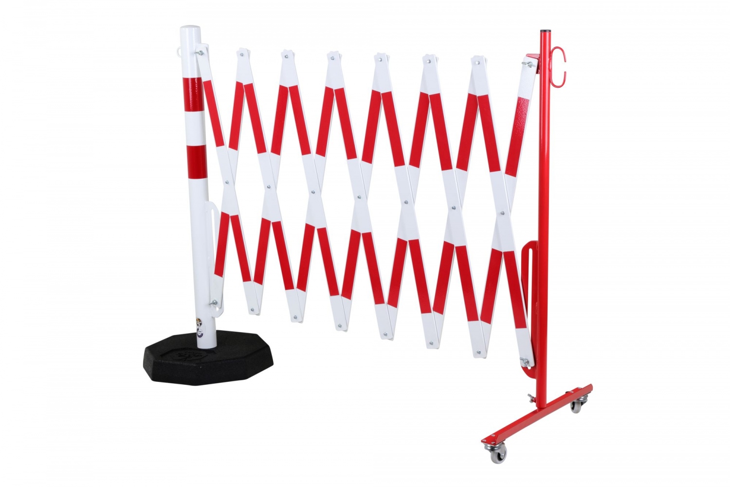 Rào chắn kéo giãn CRASH STOP 70-80 có bánh xe-đế gắn, đỏ-trắng, 4.0 m
