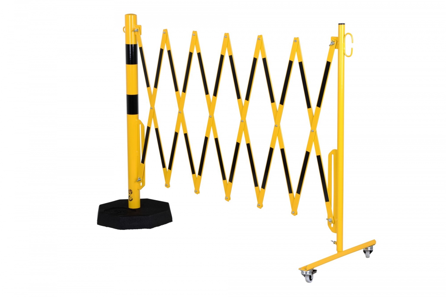 Rào chắn kéo giãn CRASH STOP 70-85 có bánh xe - dạng đế bắt vít, màu vàng-đen, 3,6 m