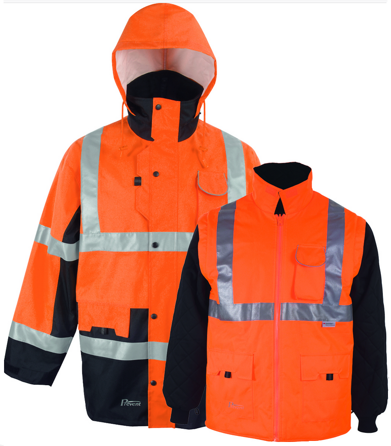 Áo khoác Parka phản quang 5 trong 1 Prevent® 3360 màu cam mùa đông có mũ bảo hiểm trang bị kèm theo