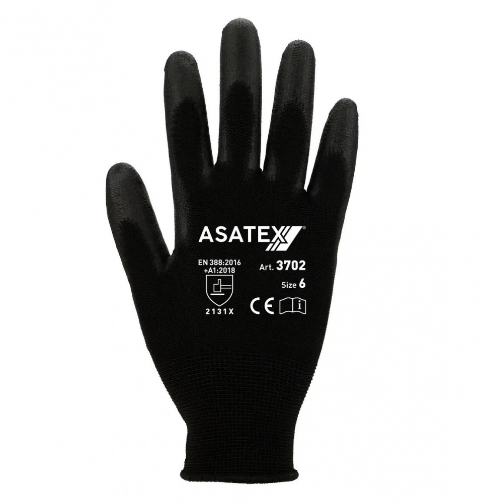 Găng tay bảo hộ dệt kim mịn phủ PU Asatex 3702 màu đen size 6-11