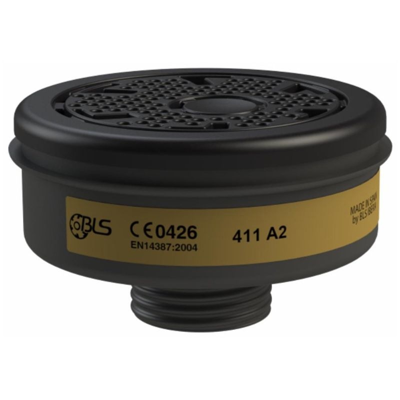 Phin lọc khí BLS® 411 A2 dùng cho mặt nạ nguyên mặt và bán mặt nạ, kết nối ren chuẩn RD40 chuyên dụng.