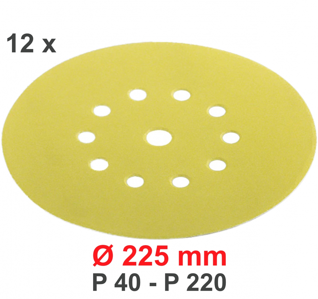 Giấy nhám dán Flex 11 lỗ, đường kính 225mm, độ nhám P 40-220, bộ 12 miếng