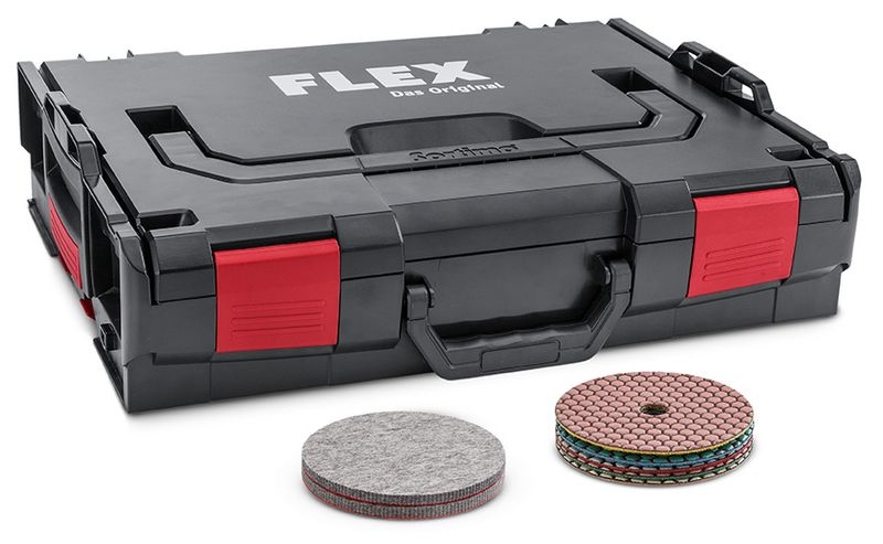 Máy mài nhám Flex 393.444 Stone-Set S-Box SE 14-2 125 dùng cho gia công đá mẫu chuyên dụng quay chậm kèm phụ kiện trong hộp đựng bảo vệ.