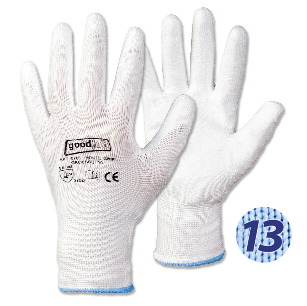 Găng tay bảo hộ dệt kim mịn phủ PU Goodjob White Grip 0701 cỡ 6-11