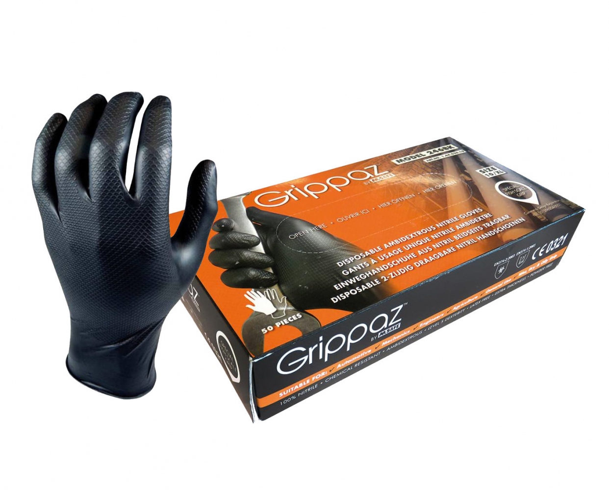 Hộp 50 găng tay bảo hộ nitrile Grippaz không bột màu đen cấp độ 3