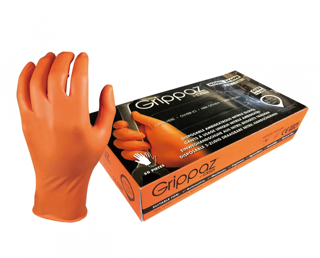 Hộp 50 găng tay bảo hộ nitrile Grippaz không bột màu cam cấp độ 3