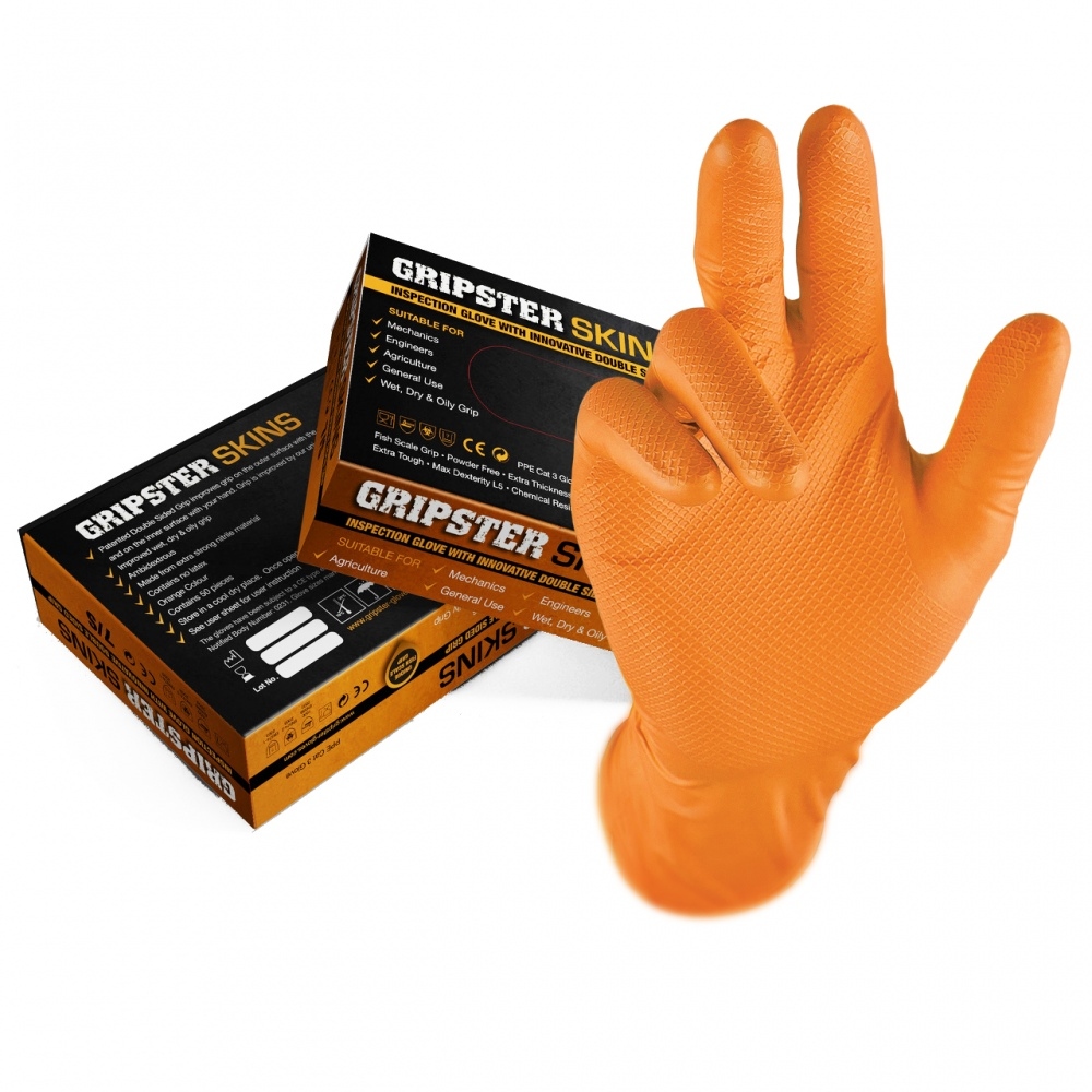 Găng tay bảo hộ nitrile GRIPSTER Skins, hộp 50 chiếc, không bột, màu cam