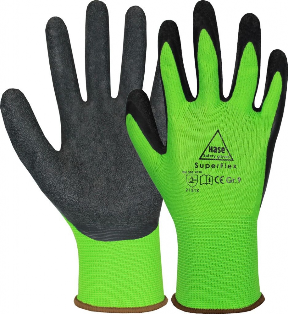 Găng tay bảo hộ Hase Superflex phủ cao su latex màu xanh lá size 6-11
