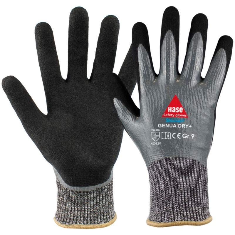 Găng tay bảo hộ chống cắt Hase Genua Dry+ phủ nitrile màu xám đen