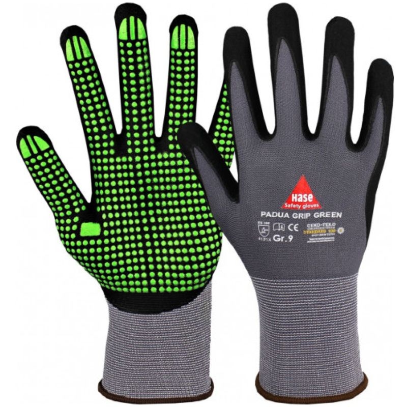 Găng tay bảo hộ Hase Padua Grip Green phủ nitrile và hạt nhựa tăng độ bám.