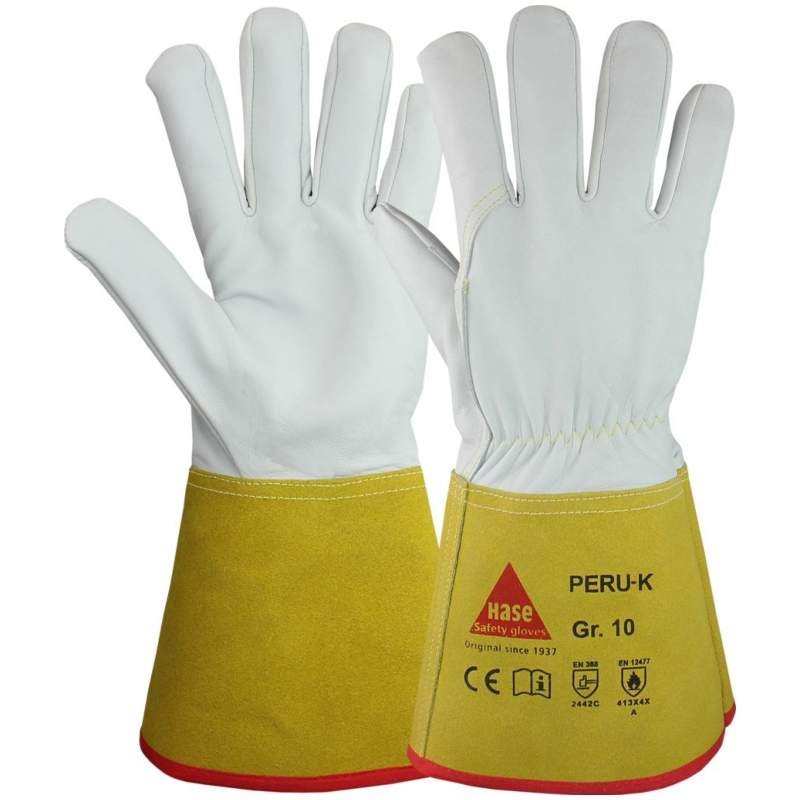 Găng tay hàn Hase Peru K bằng da cừu Sheepnappa may chỉ Kevlar màu trắng vàng