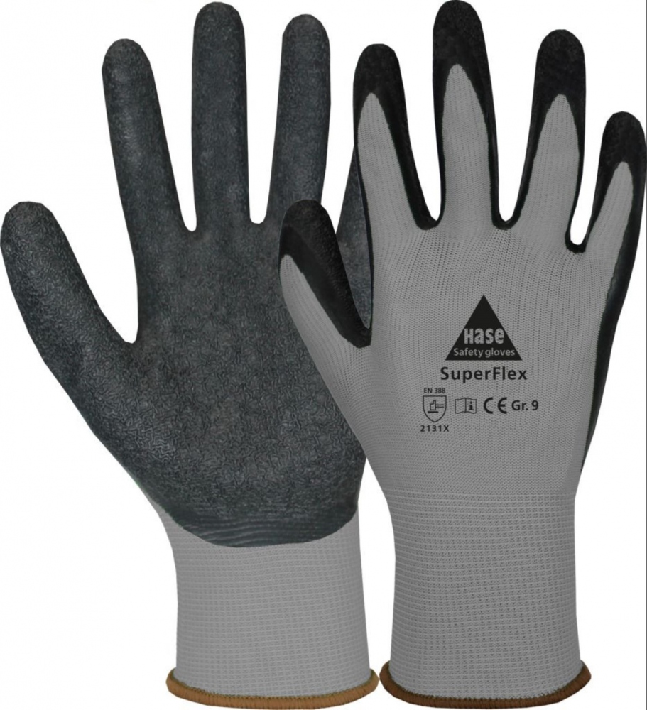 Găng tay bảo hộ Hase Superflex phủ cao su latex màu xám size 6-11
