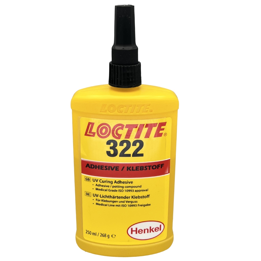 Keo dán nhựa Loctite AA 322 đóng rắn bằng tia cực tím UV màu vàng 250ml