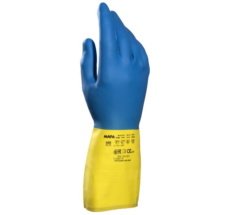 Găng tay cao su Neoprene chống hóa chất Mapa ALTO 405 màu xanh dương/vàng cỡ 6-10