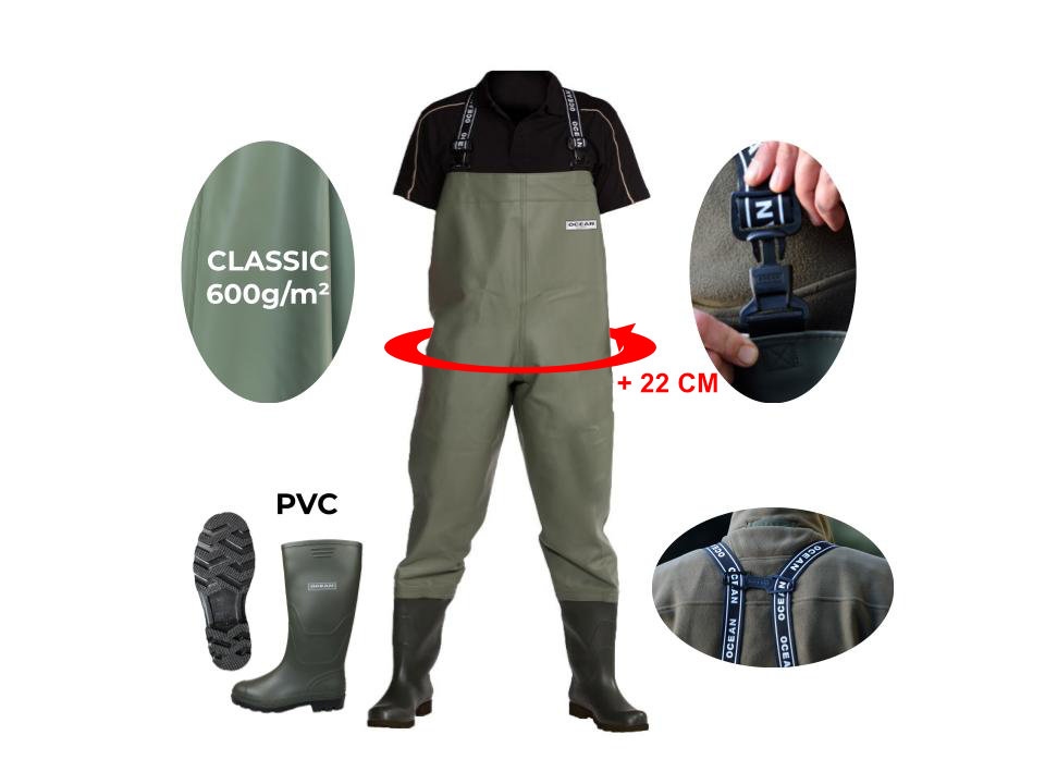 Quần yếm lội nước Ocean Classic Durabe ngực rộng chống dầu cho câu cá cỡ 38-49