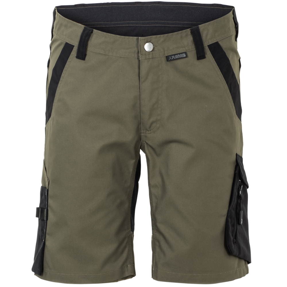 Quần short bảo hộ lao động nam Planam 6455 phong cách hiện đại, màu xanh ô liu/đen, kích cỡ XS-4XL
