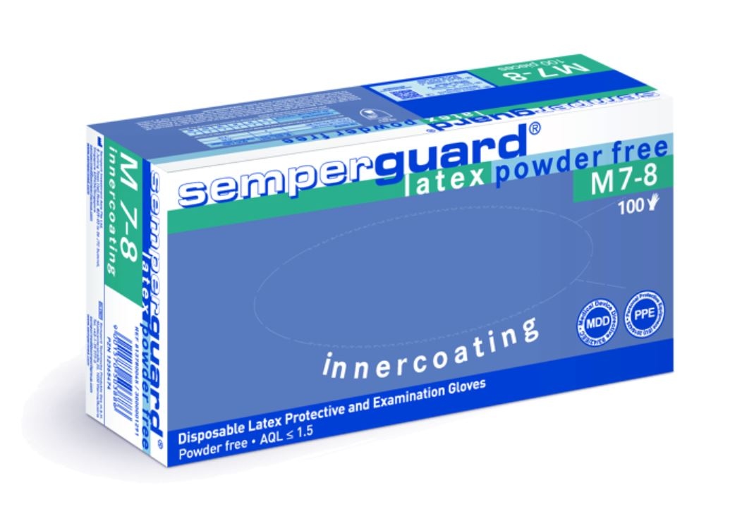 Hộp 100 chiếc găng tay cao su latex dùng một lần không bột Semperguard cỡ 6-10