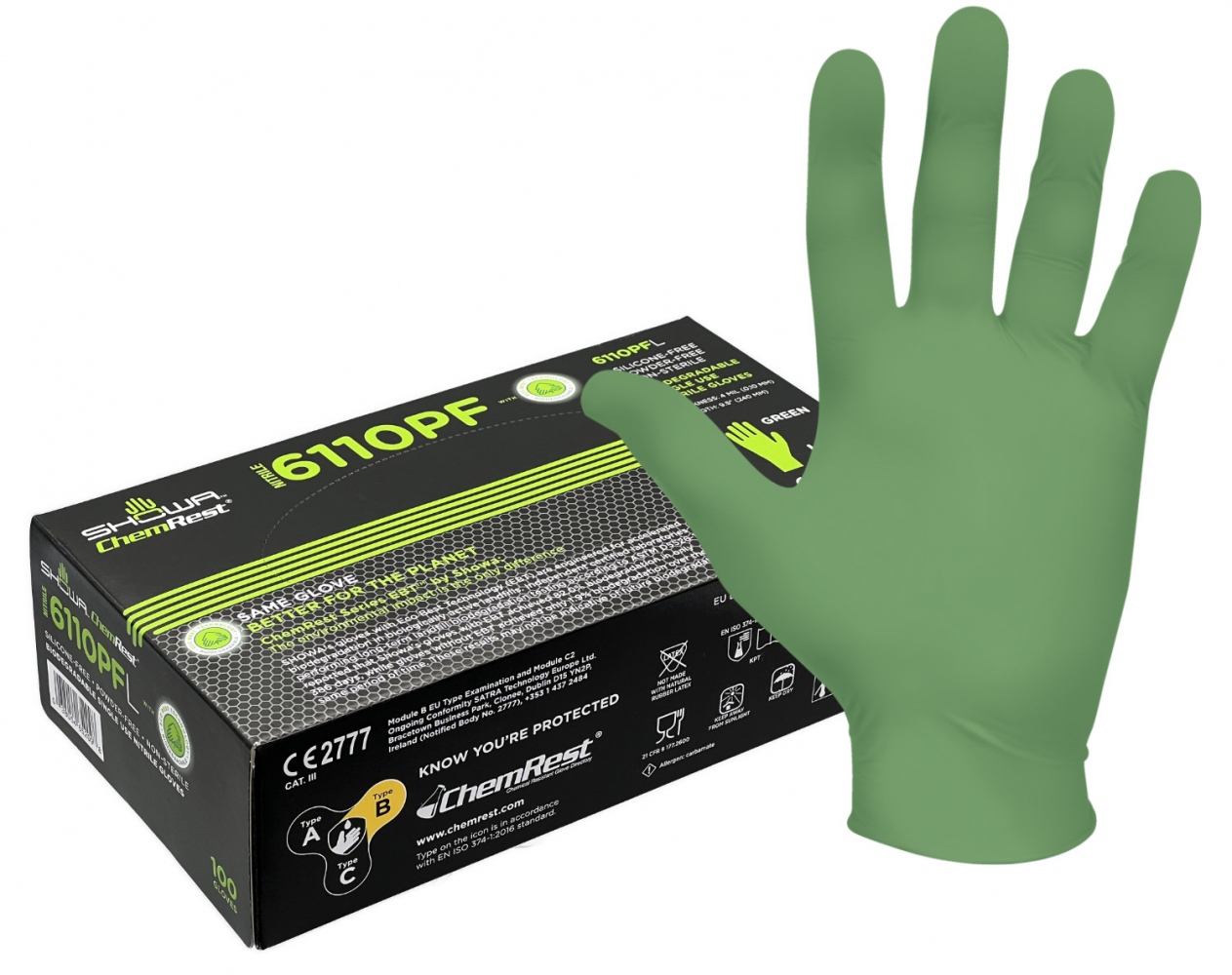 Găng tay cao su Nitrile dùng một lần tự hủy sinh học Showa 6110PF màu xanh lá - 100 chiếc