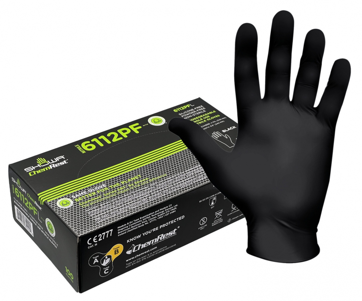 Găng tay cao su nitrile dùng một lần không bột tự hủy sinh học Showa 6112PF màu đen