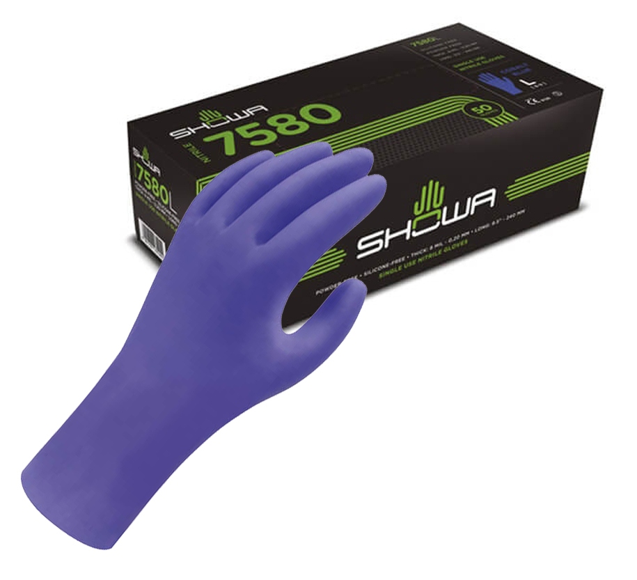 Hộp 50 chiếc găng tay cao su Nitrile dùng một lần Showa 7580 không bột và không silicon