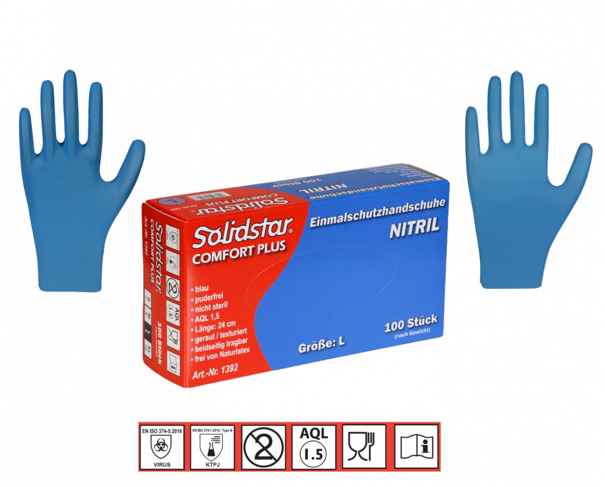 Hộp 100 găng tay bảo hộ nitrile Solidstar 1392 không bột màu xanh