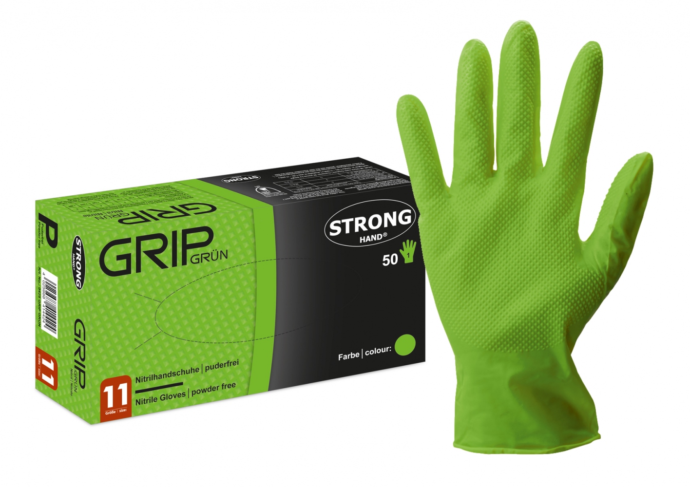 Găng tay cao su nitrile Stronghand 0425 nhám bề mặt không bột màu xanh lá hộp 50 chiếc