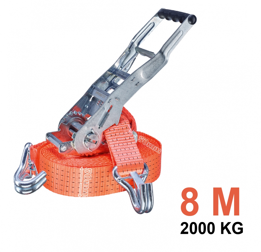 Dây tăng đơ chằng hàng Tector 84512 có móc chữ J đôi, tải trọng 2000kg, bản rộng 50mm, dài 8m